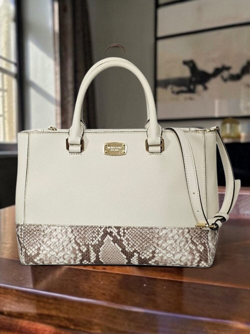 Michael Kors Kellen Medium Saffiano Leather Satchel Cream Snake Shoulder Bag COA